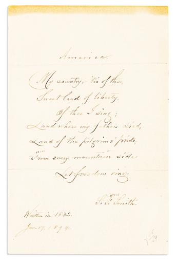 SMITH, SAMUEL FRANCIS. Autograph Quotation Signed, S.F. Smith, fair copy of the first stanza of his hymn, America.